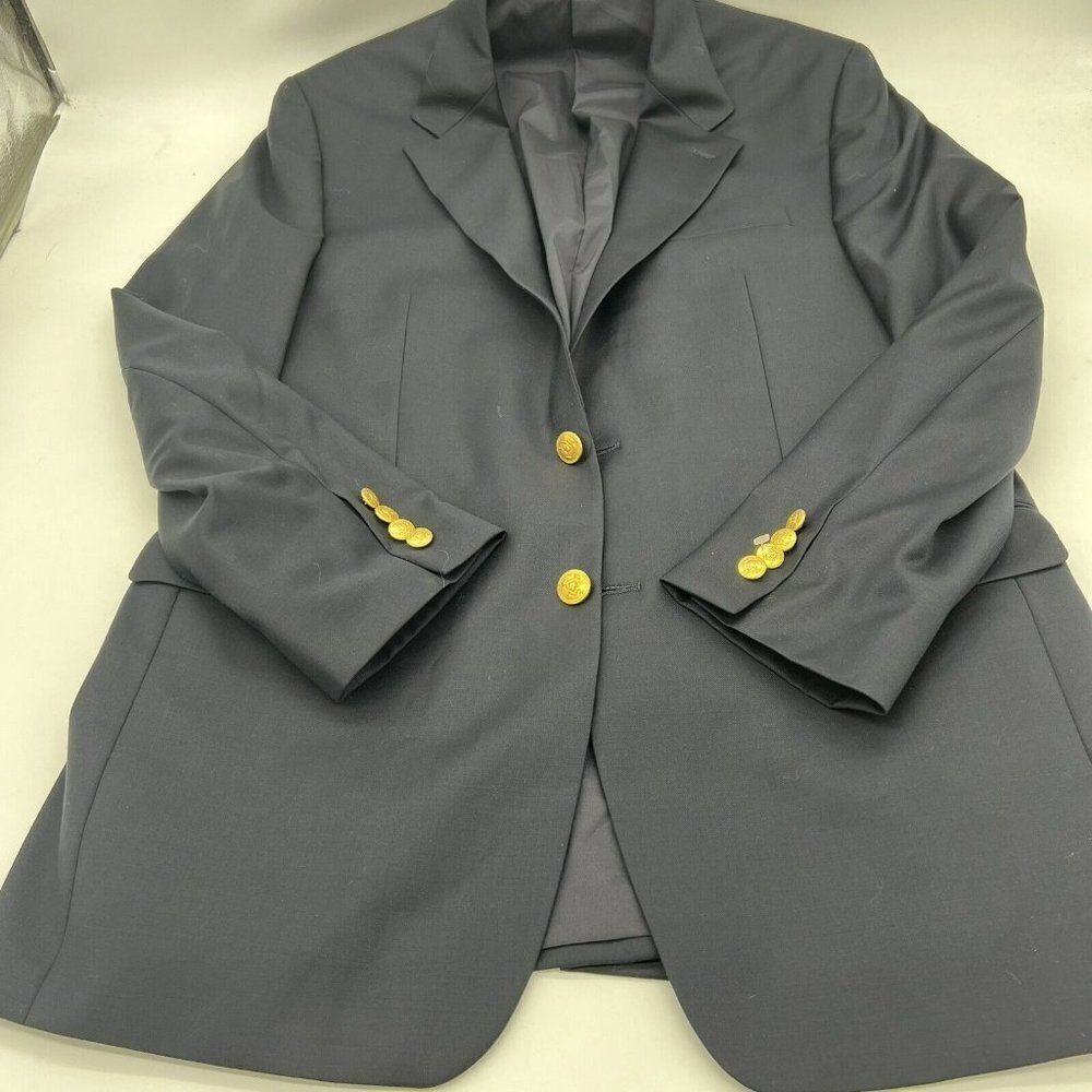 Ralph Lauren Mens Blazed Blue Black Wool Gold 2 Button Jacket Sport Coat 40L
